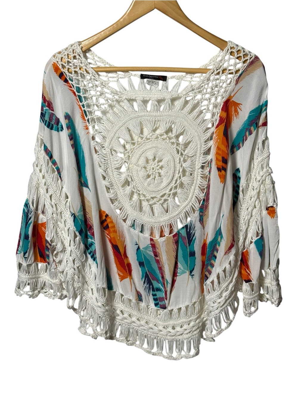 Vivid Importers of New York Boho Aztec Feather and Fringe 3/4 Blouse/Coverup XL